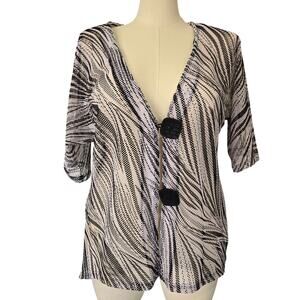 JM Collection Mesh Blouse Cardigan Cover-Up Zebra Striped Accent Buttons Sz 1X